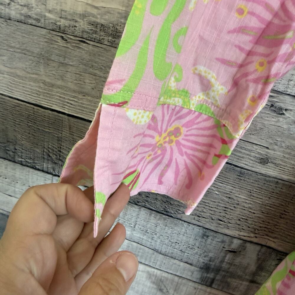 Lilly Pulitzer Pink Green Floral Tunic Dress Gold Embroidered Neck, Cover Up M - Picture 4 of 10